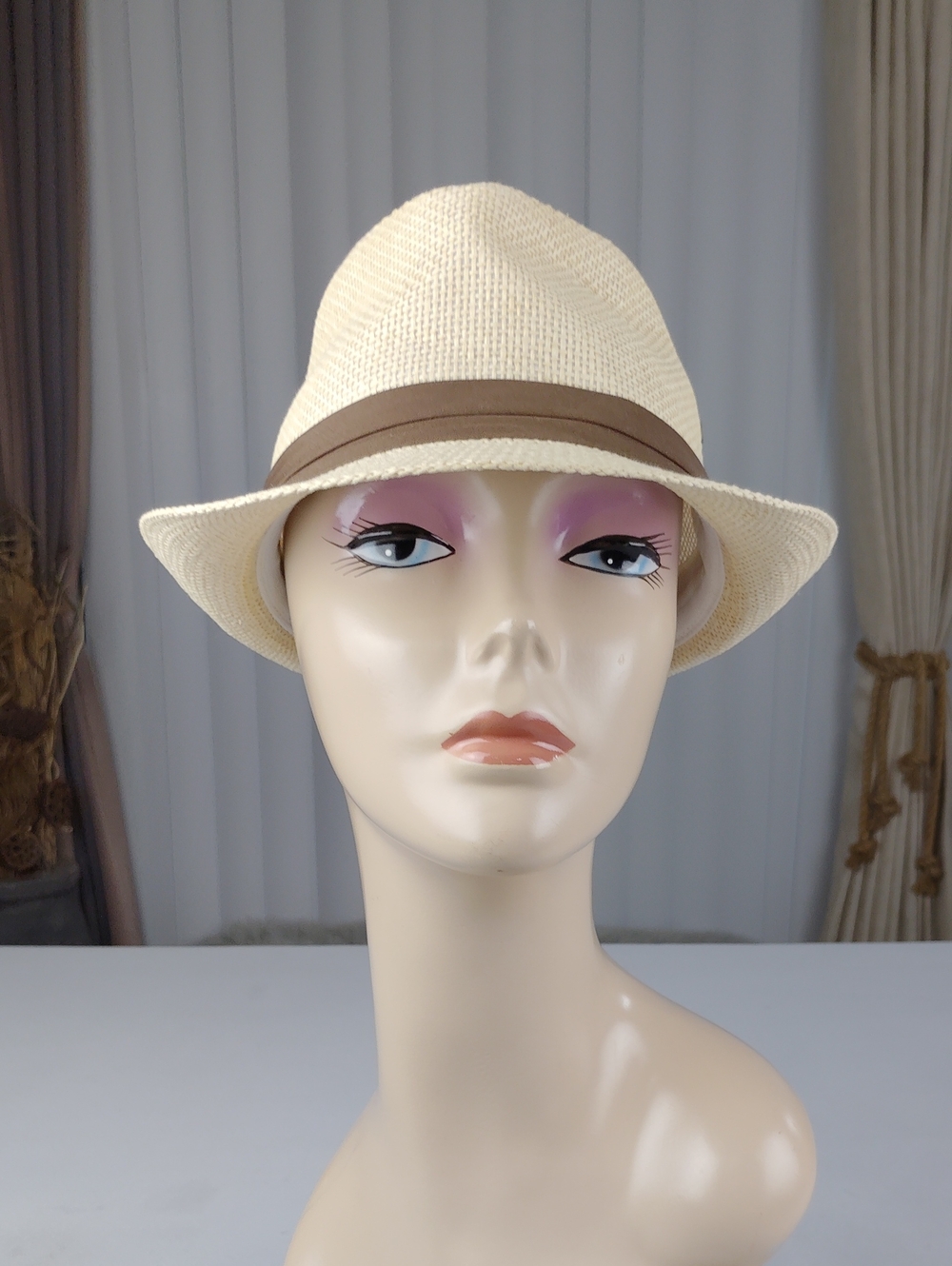 Pamoa Women's Cream Straw Fedora Hat with Brown Band